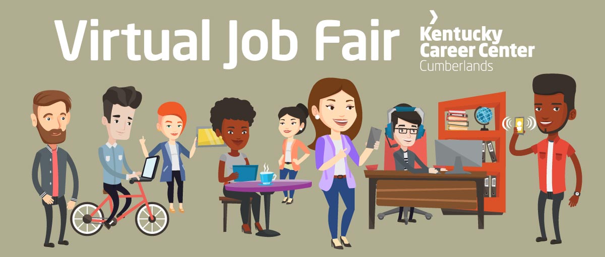 Virtual Job Fair text with cartoon people on Internet devices.
