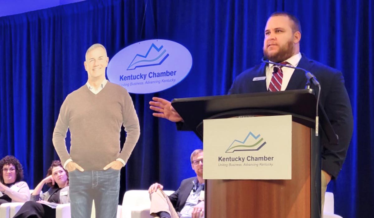 Aaron Poynter addressing the Kentucky Chamber of Commerce.