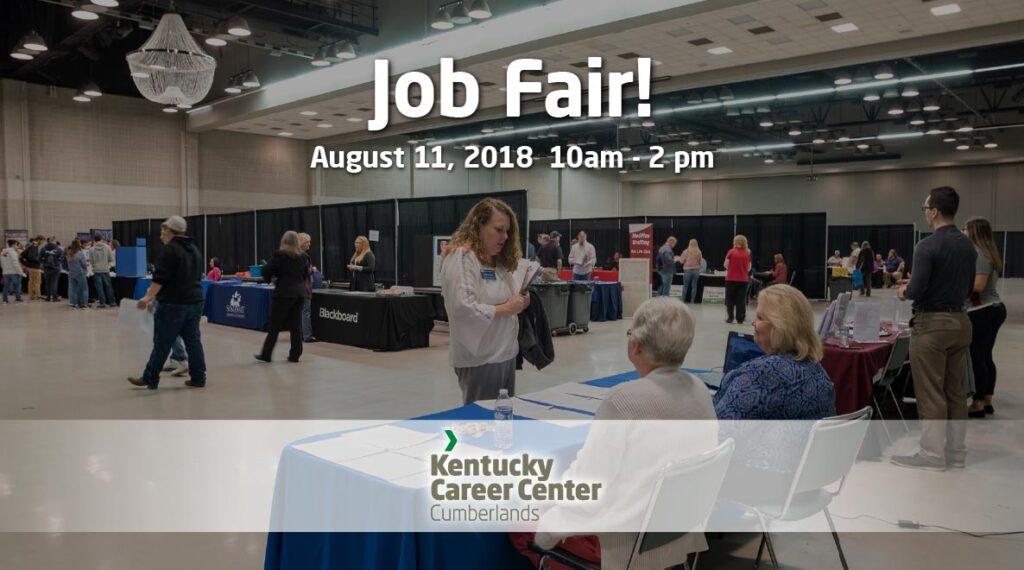 Large room with employers at tables and text: Job Fair!