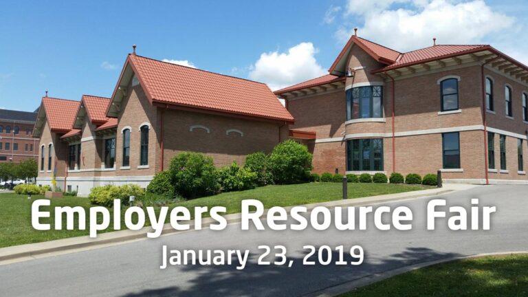 Building with text: Employers Resource Fair, January 23, 2019