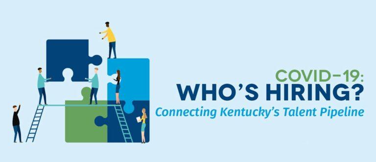 COVID-19: Who's Hiring? Connecting Kentucky's Talent Pipeline with cartoon people putting together puzzle pieces.