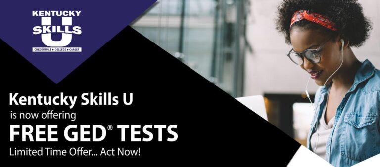 woman with text: Kentucky Skills U is now offering Free GED Tests