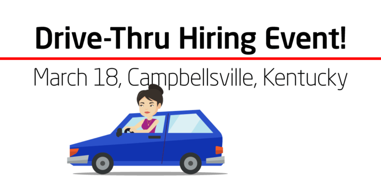Drive-Thru Hiring Event with cartoon figure in a car