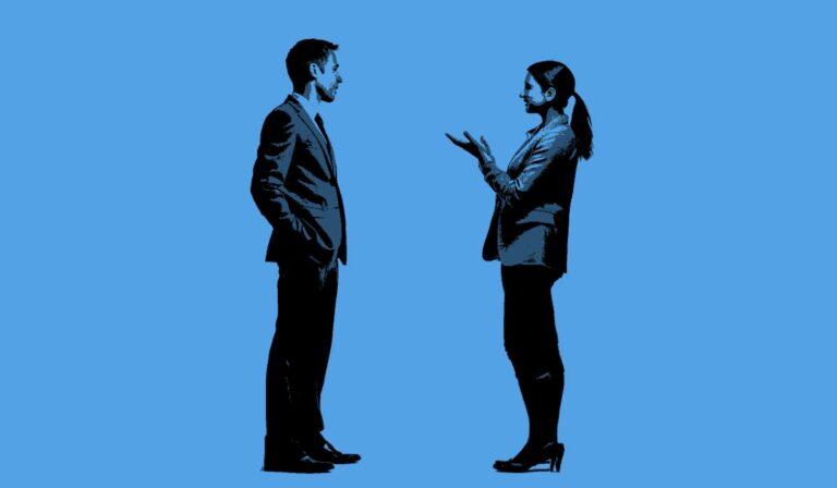 photo illustration of man and woman talking